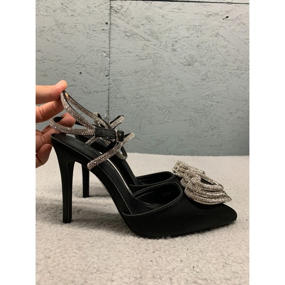 Berness Rhinestone Strappy Heels Women's 7 Black Pointed Toe Platform Pumps‎ - Picture 1 of 12
